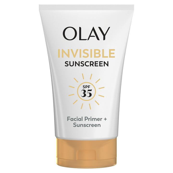 Olay front tube of Invisible Sunscreen SPF 35 showing packaging and size benefit