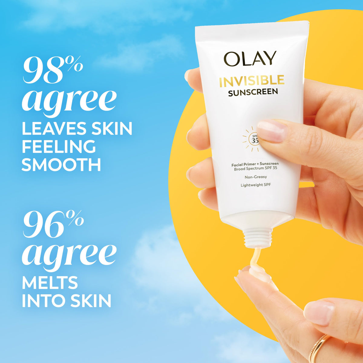Olay label close-up displaying SPF 35, fragrance-free, and ingredient claims clearly