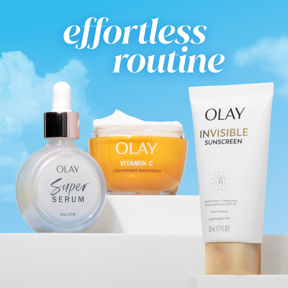 Olay sunscreen near makeup items showing primer benefit for smoother foundation