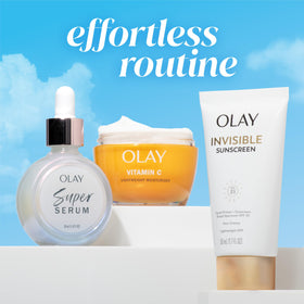 Olay sunscreen near makeup items showing primer benefit for smoother foundation
