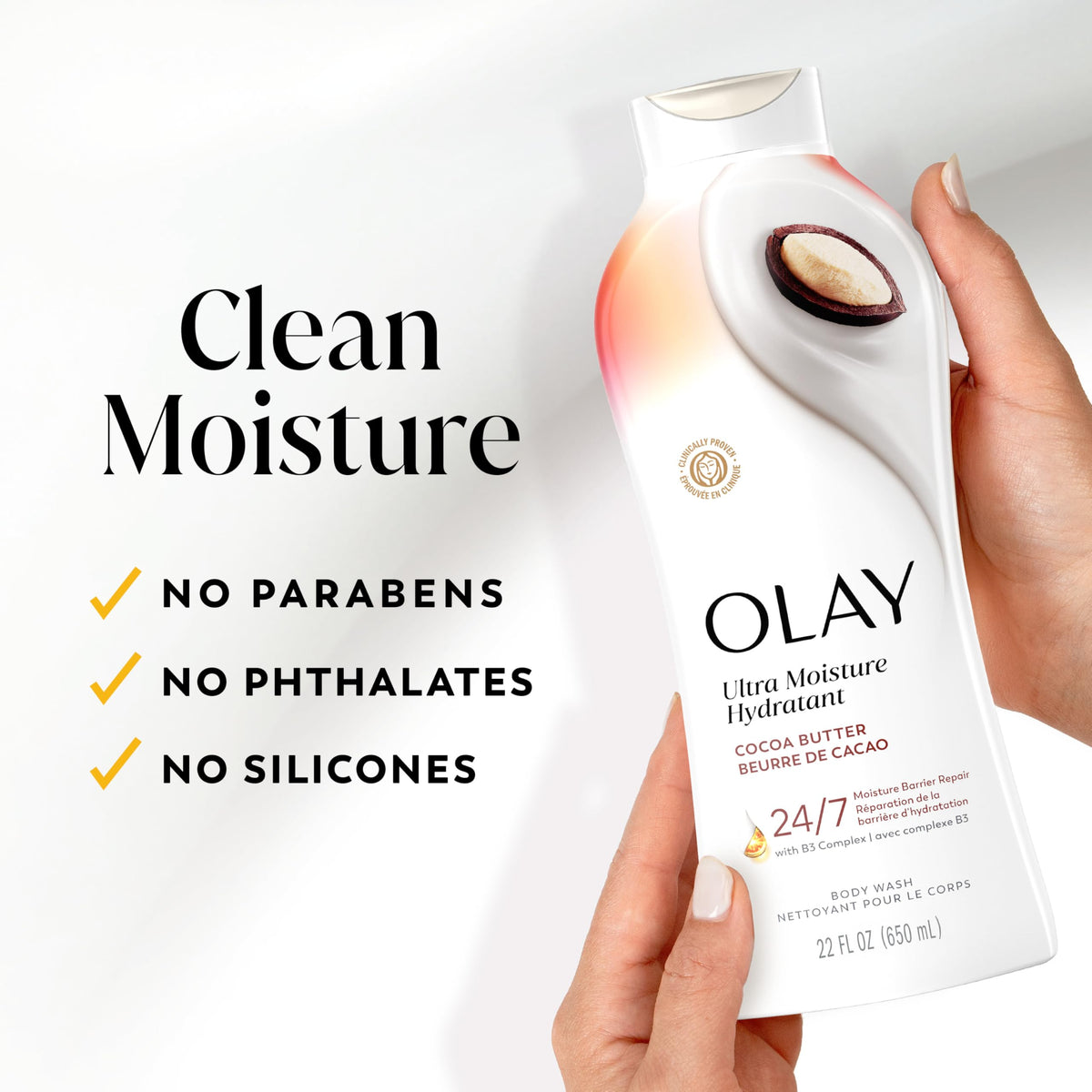 Olay label close-up revealing key ingredients and clean formulation
