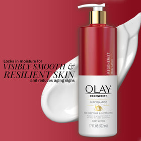 Olay label close-up showing niacinamide and Vitamin B3 Complex benefits