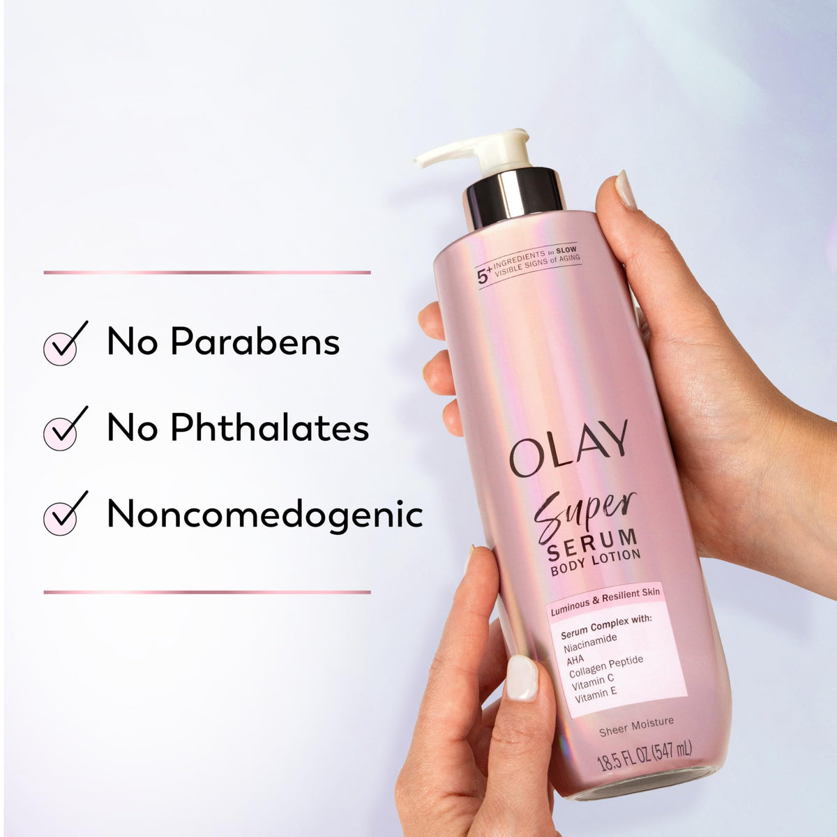 Olay lotion on hand absorbing quickly for non-greasy hydration benefit