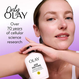 Olay moisturized face in natural light showing smoother skin benefit