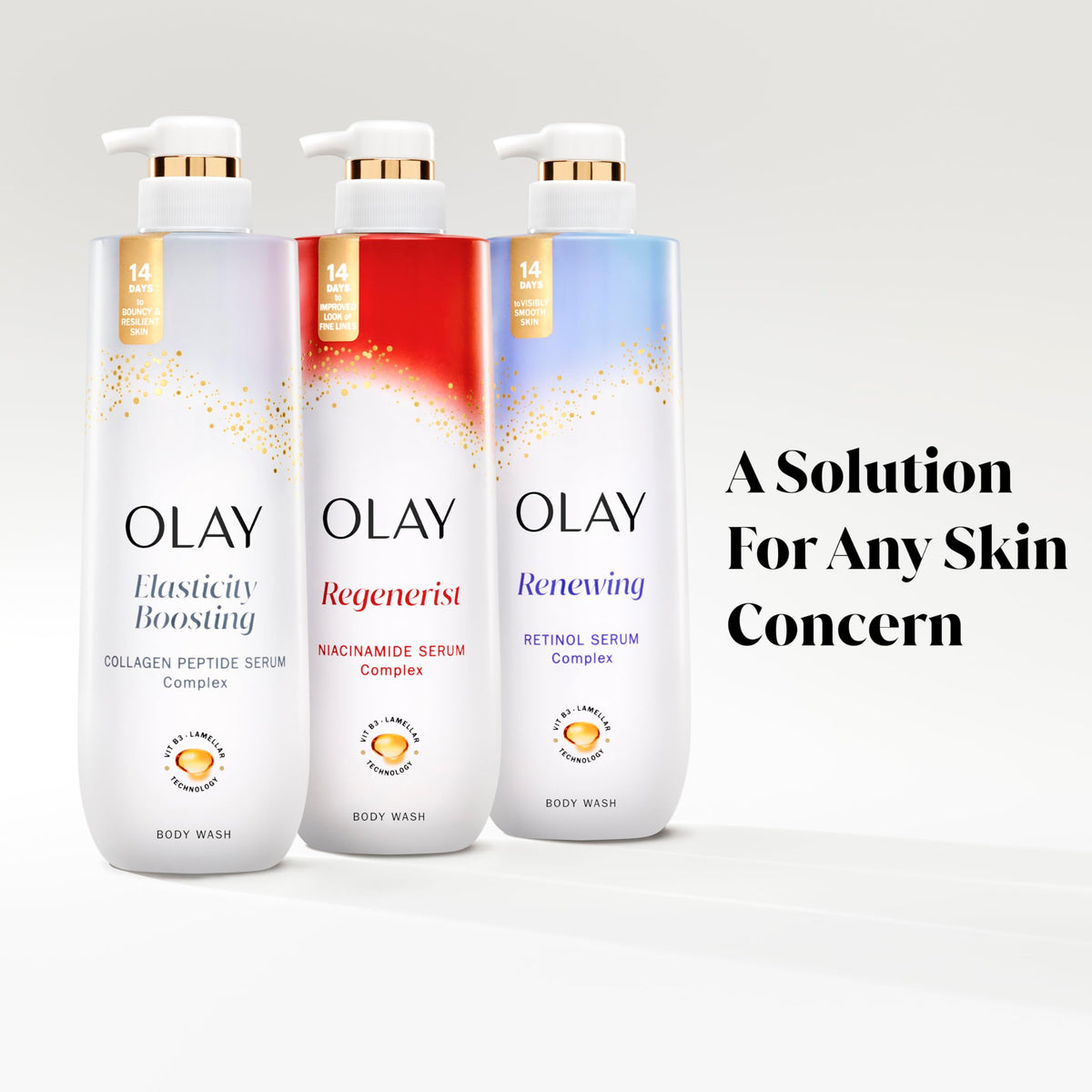 Olay four-bottle multipack arranged to show value and supply benefit