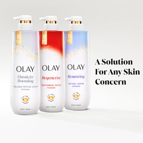 Olay four-bottle multipack arranged to show value and supply benefit
