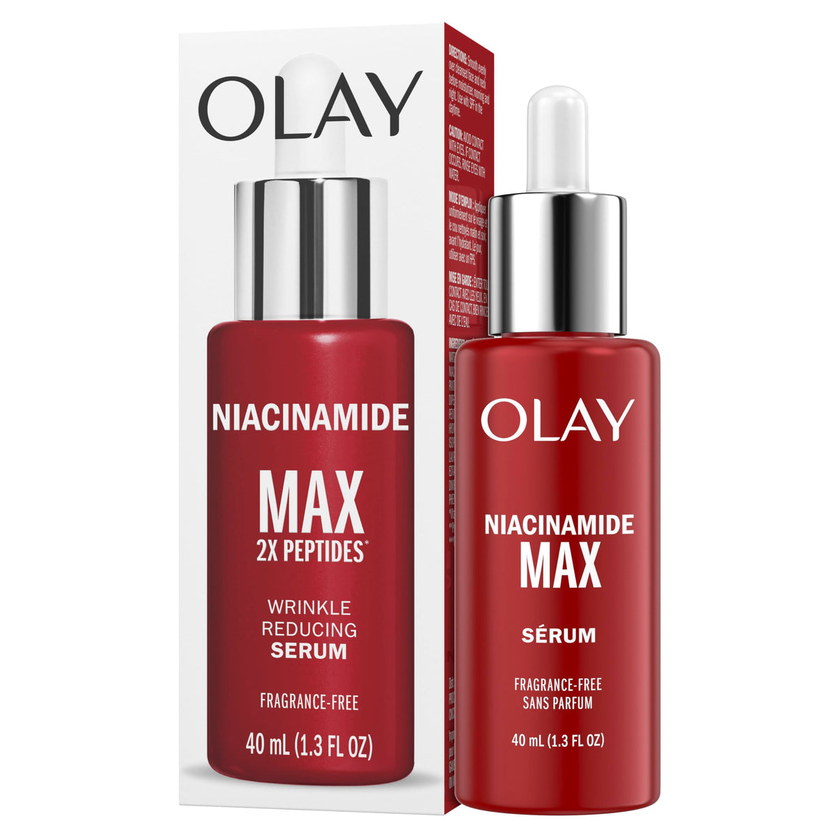 Olay label ingredients detail with niacinamide listed, highlights key active benefits