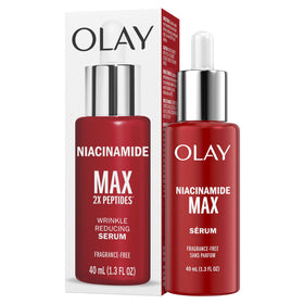 Olay label ingredients detail with niacinamide listed, highlights key active benefits
