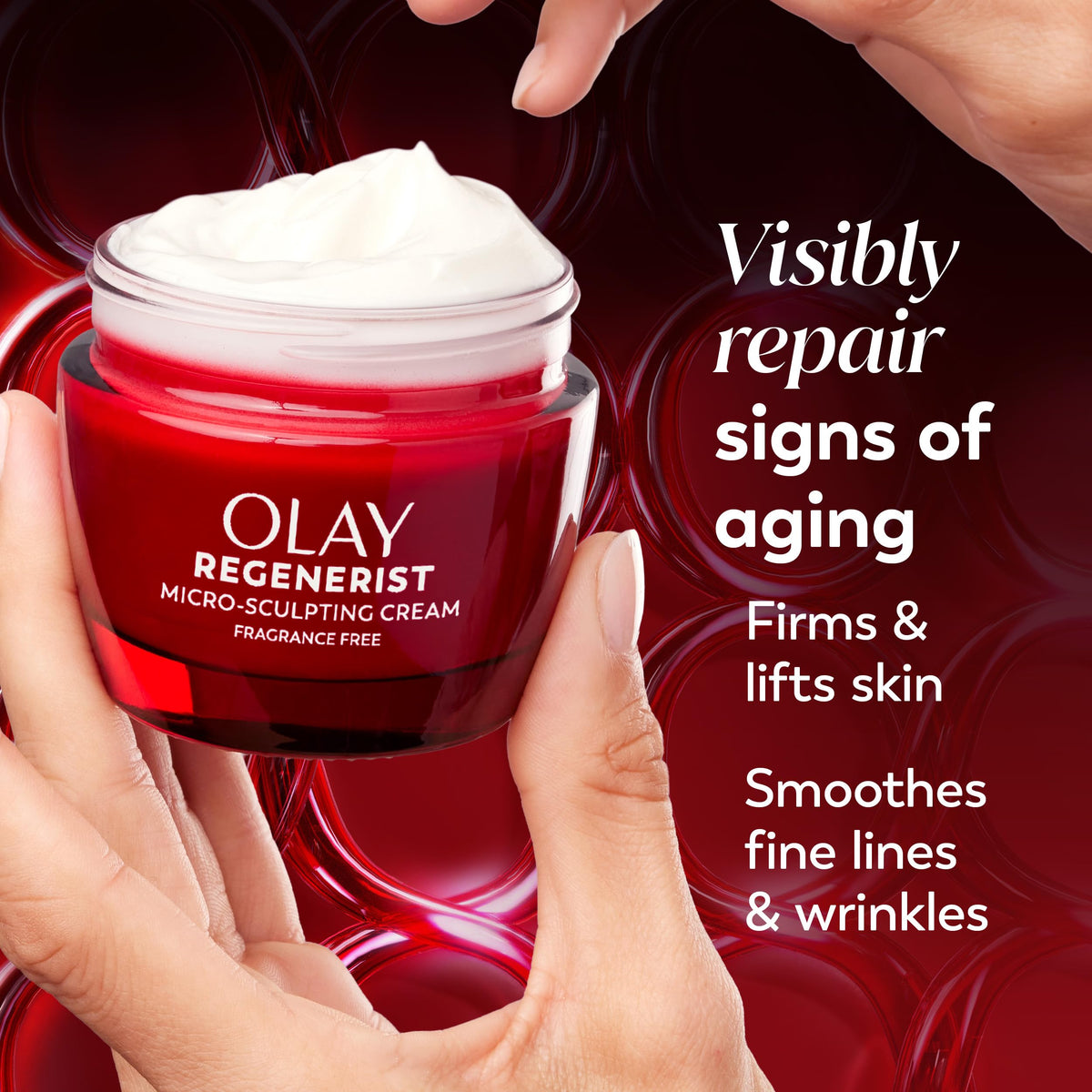 Olay open jar top view showing cream interior and easy scoop access for application