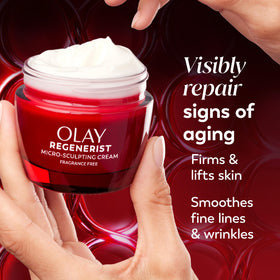 Olay open jar top view showing cream interior and easy scoop access for application