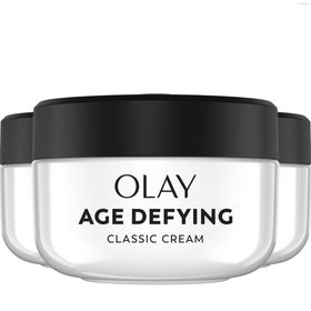 Olay pack front showing three jars and clear product identity and convenience