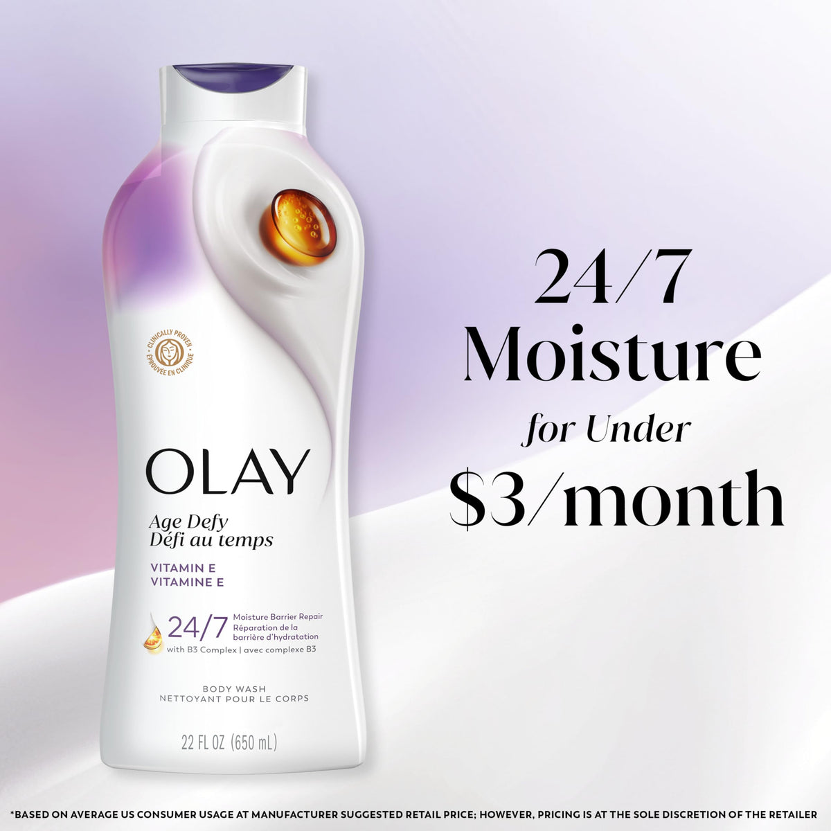 Four Olay bottles stacked in pack, conveys value and refill convenience
