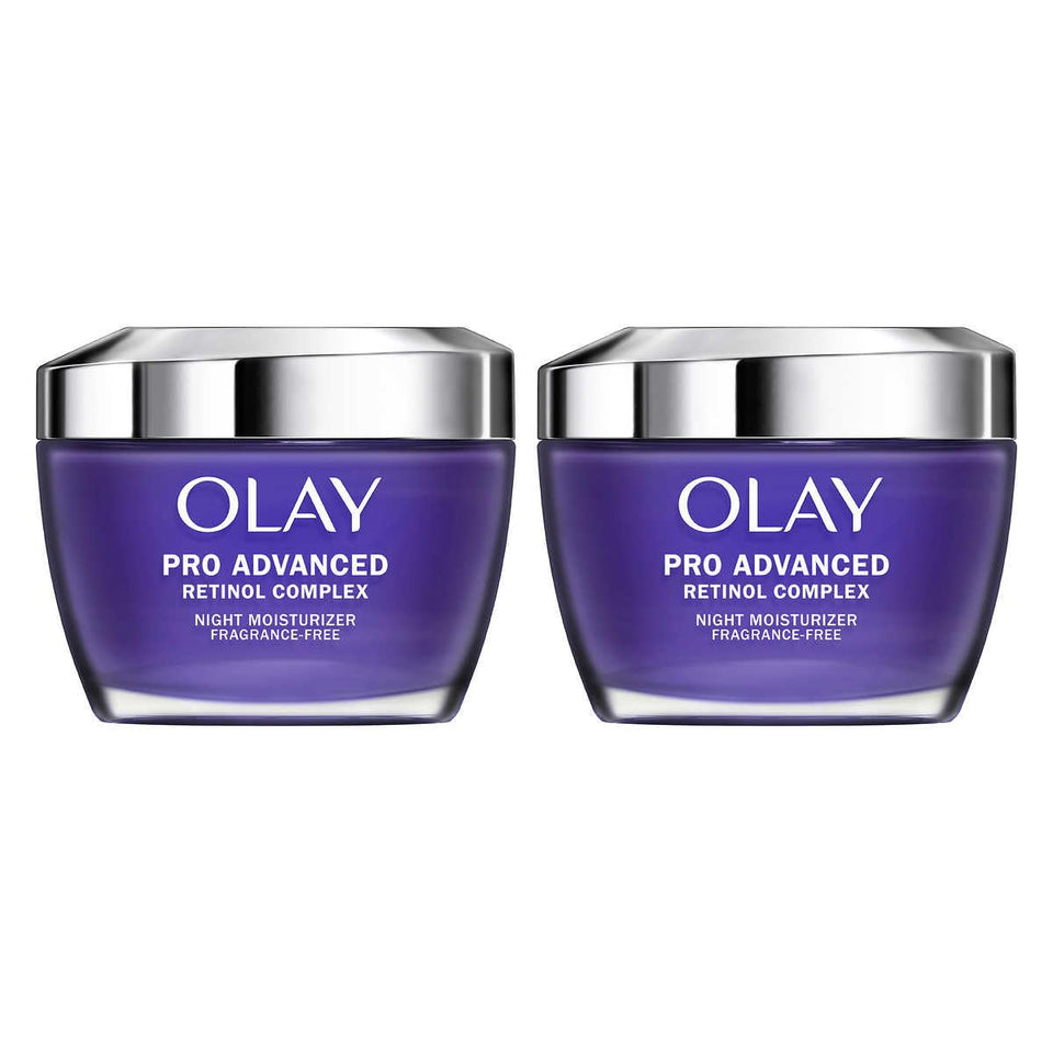 Olay pro advanced front packaging showing jar and label, highlights overnight smoothing benefit