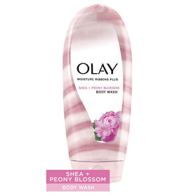 Olay body wash in hand under running water illustrating easy application and lather