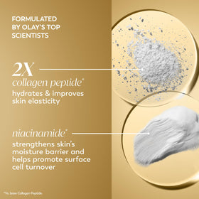 Olay label detail highlighting collagen peptide and niacinamide benefits