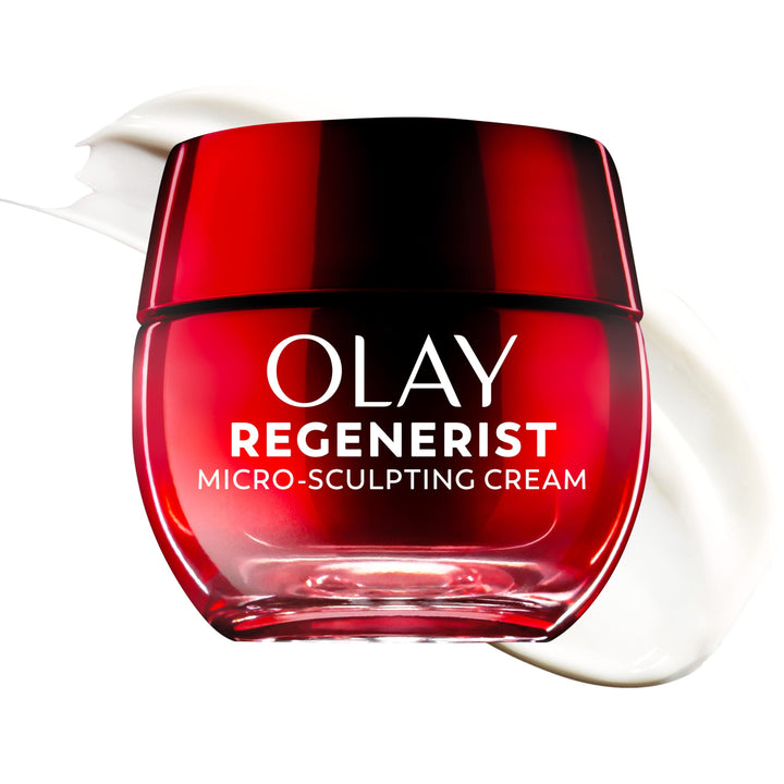 Olay Regenerist front jar showing red packaging and convenient pump
