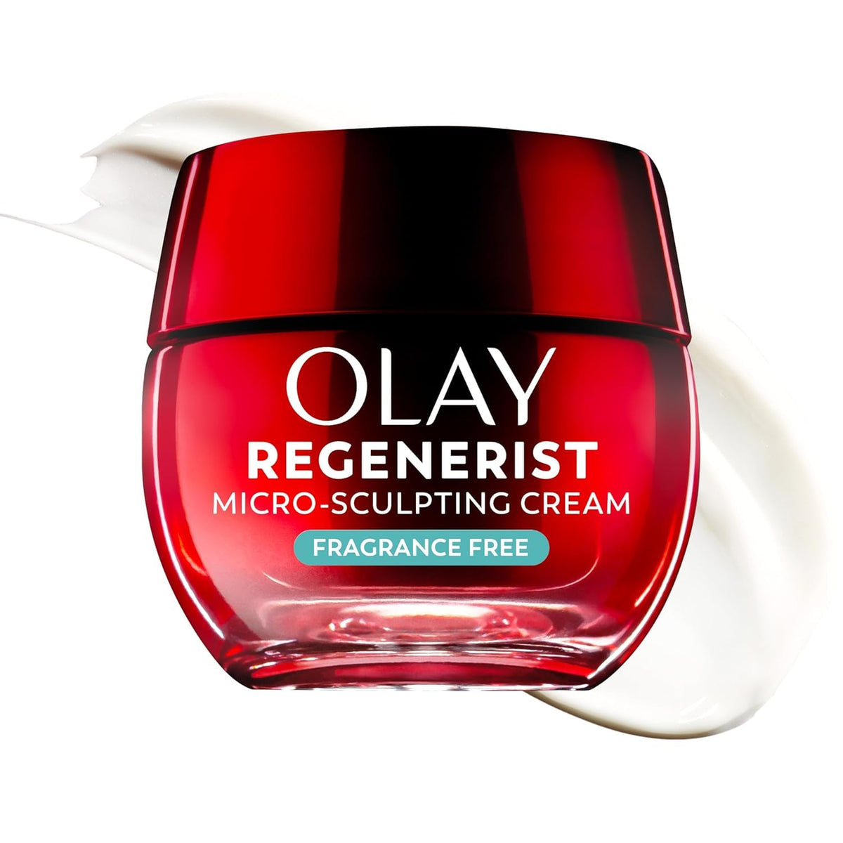 Olay red jar front view showing Regenerist cream for visible firming
