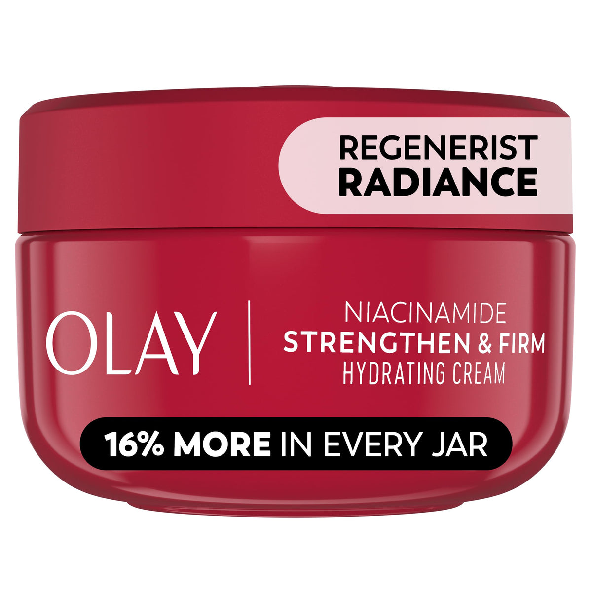 Olay jar front view showing elegant packaging and visible brand benefits