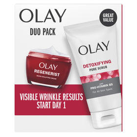 Olay front packaging showing both Regenerist products for quick regimen benefits