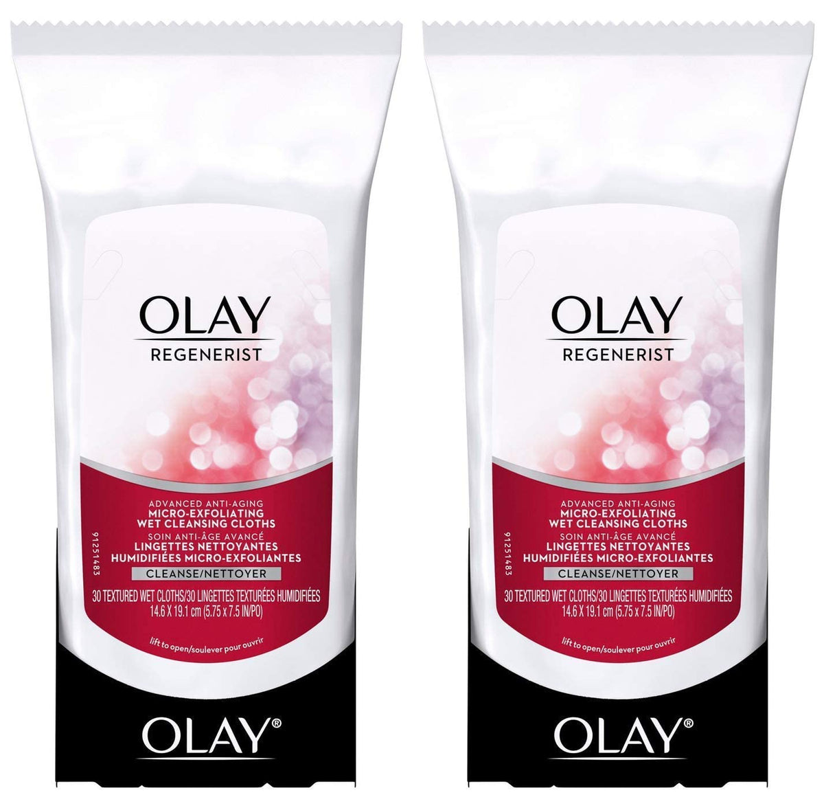 Olay front packaging showing dual 30-count tubs for easy replenishment