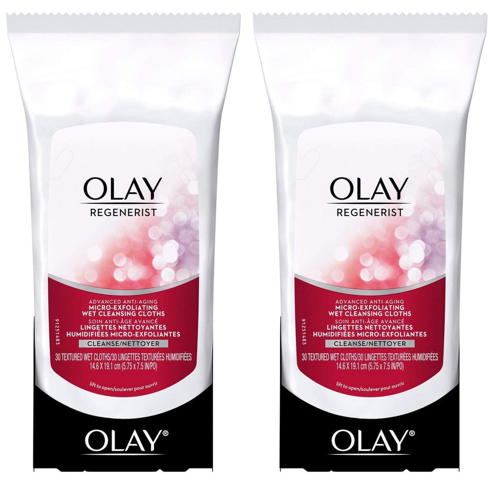 Olay front packaging showing dual 30-count tubs for easy replenishment