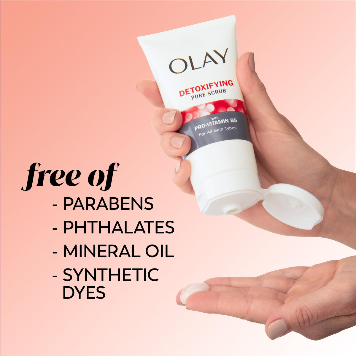 Olay product label close-up showing key ingredients and transparency benefit