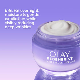 Olay cream on palm ready for application to hydrate skin overnight
