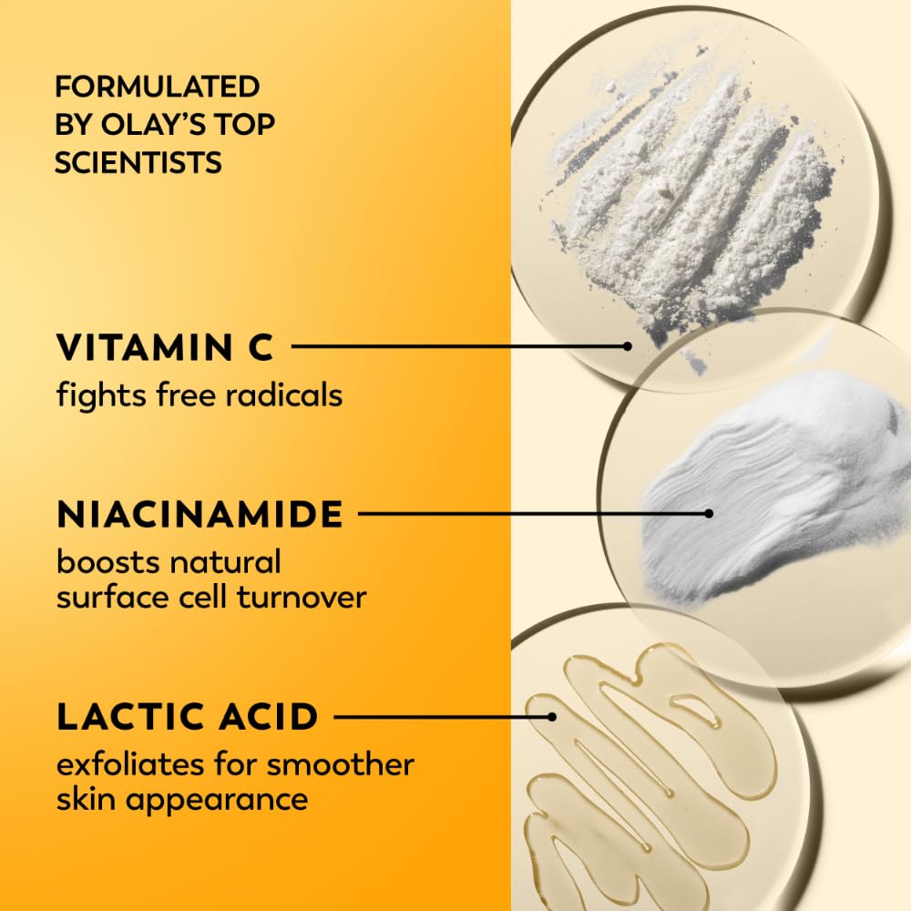 Olay Vitamin C ingredient bottle beside jar highlighting antioxidant benefit