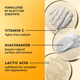 Olay Vitamin C ingredient bottle beside jar highlighting antioxidant benefit