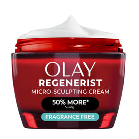 Olay front jar showing red packaging and recognizable brand for instant recognition