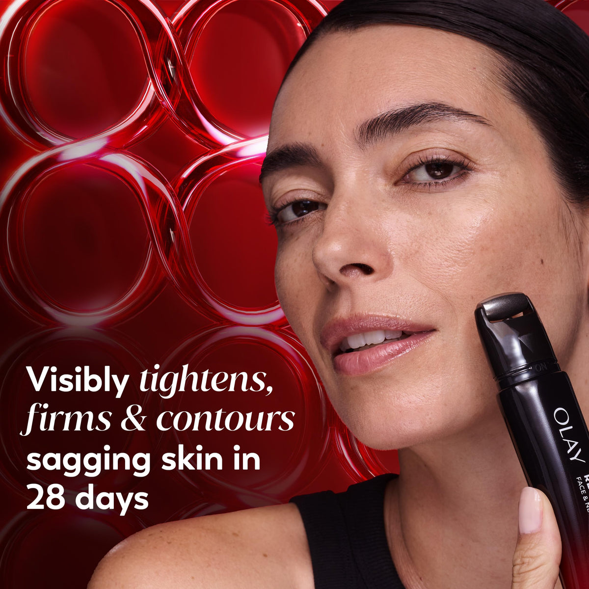 Olay close-up of metal roller delivering cooling massage and precise application