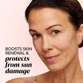Olay Regenerist SPF label close-up highlights broad-spectrum sun protection benefit