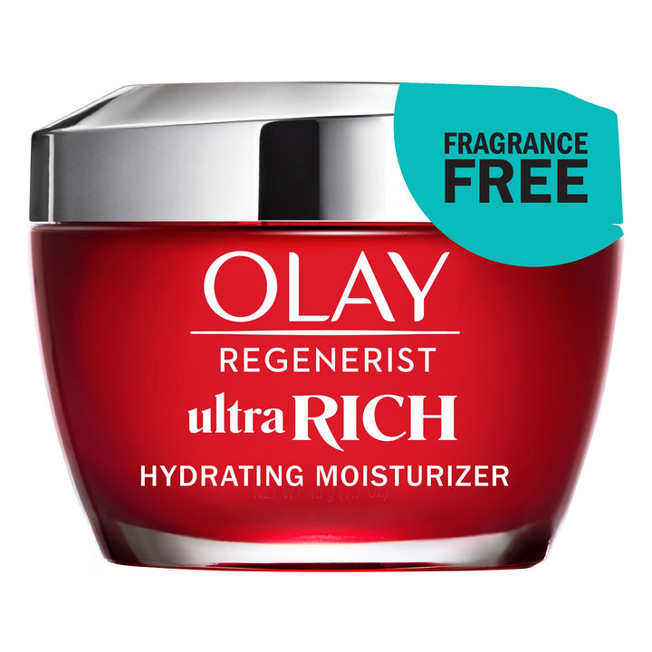 Olay Regenerist front jar highlighting compact 1.7 oz size and rich hydration