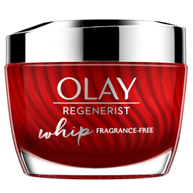 Olay Regenerist Whip front jar showing compact travel-friendly packaging and benefits