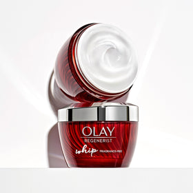 Olay Regenerist Whip on bathroom shelf in a skincare routine setting for daily use