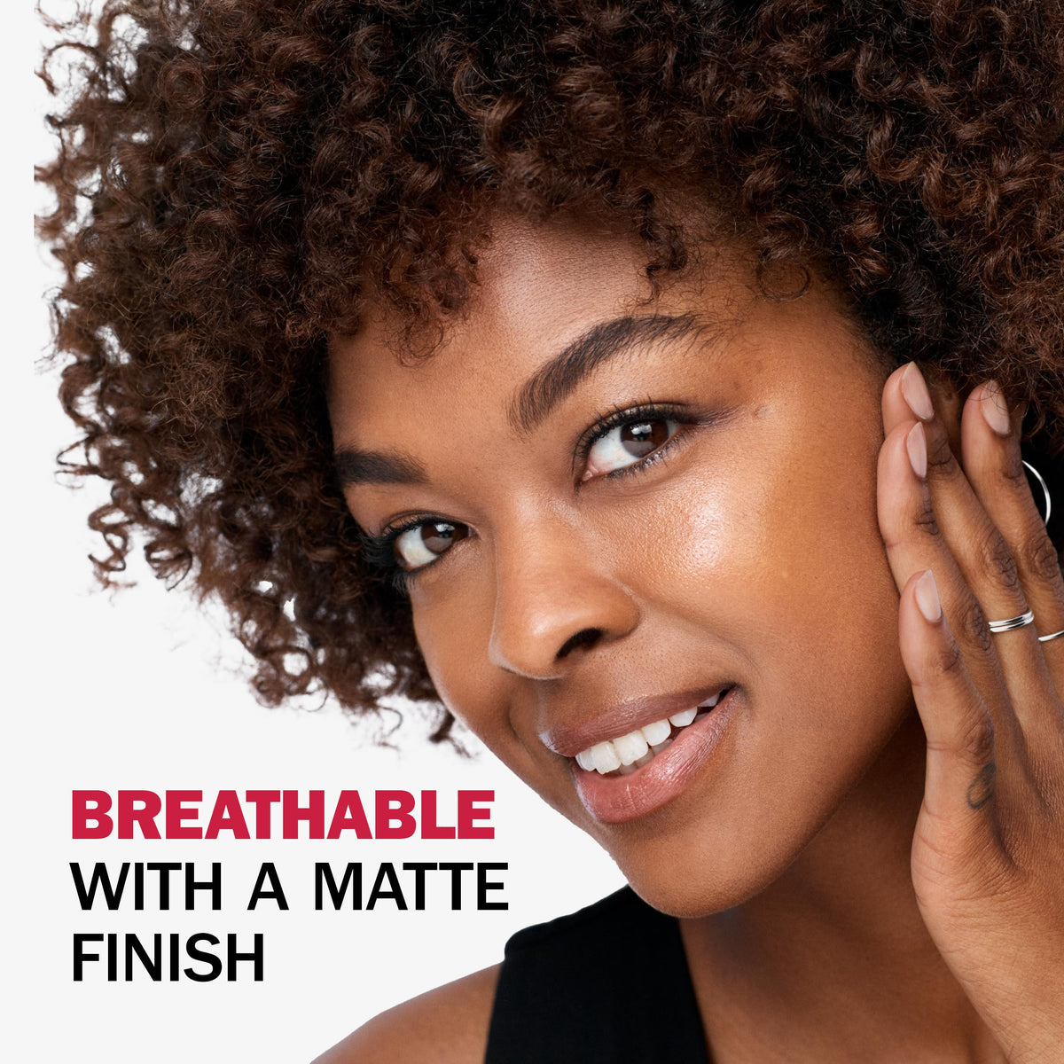 Olay on a model’s cheek showing matte finish and reduced shine