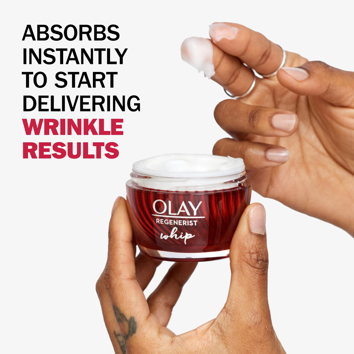 Olay cream texture close-up showing airy whip for fast absorption
