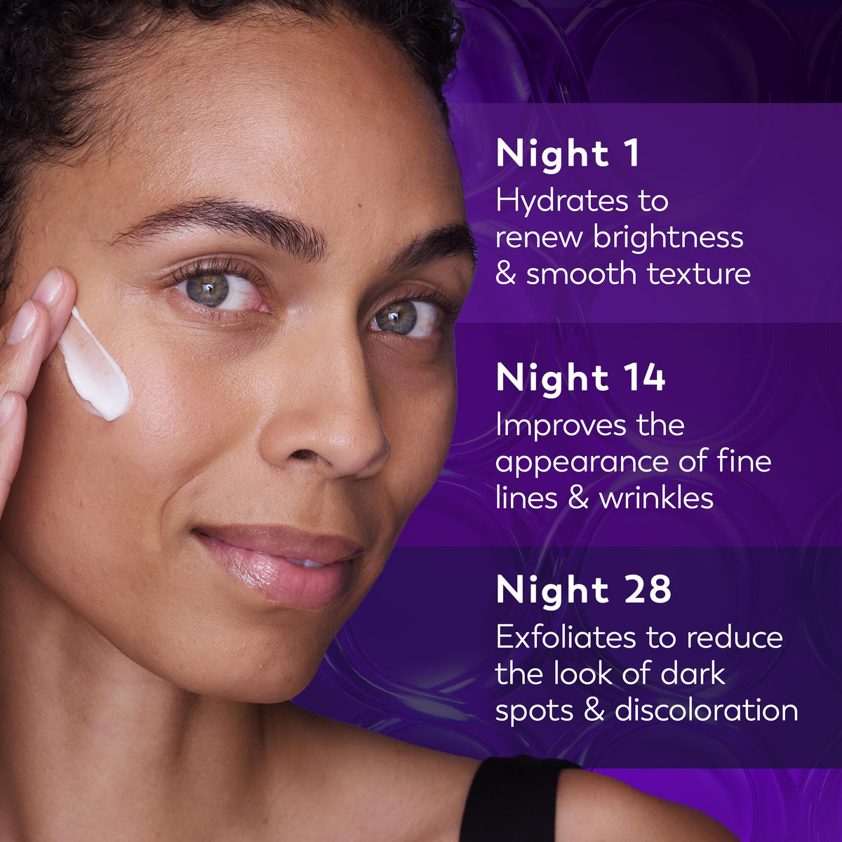 Olay cream being applied to fingers illustrating easy nightly application