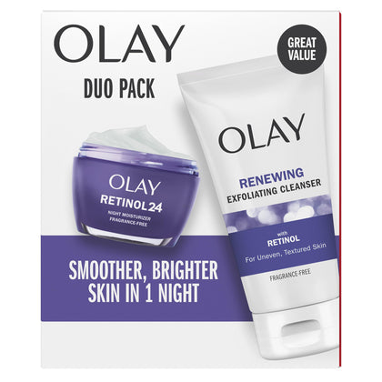 Olay Retinol 24 duo pack front view showing both fragrance-free products and benefits