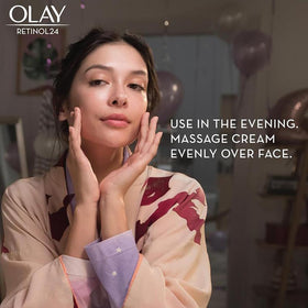 Olay jar by sink in nighttime routine conveying practical evening use