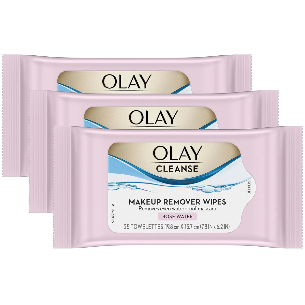 Olay front packaging showing rose water wipes and count benefits