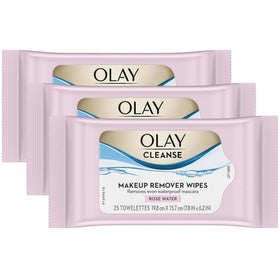 Olay front packaging showing rose water wipes and count benefits