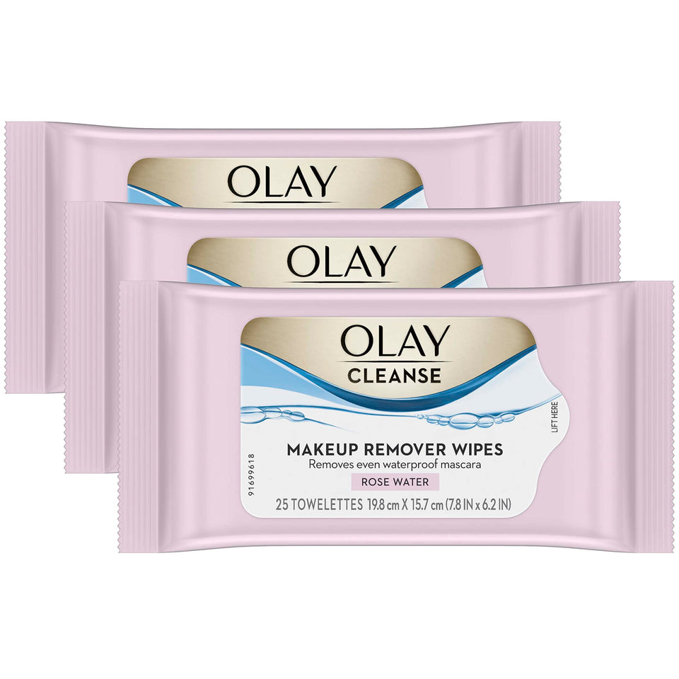 Olay front packaging showing rose water wipes and count benefits
