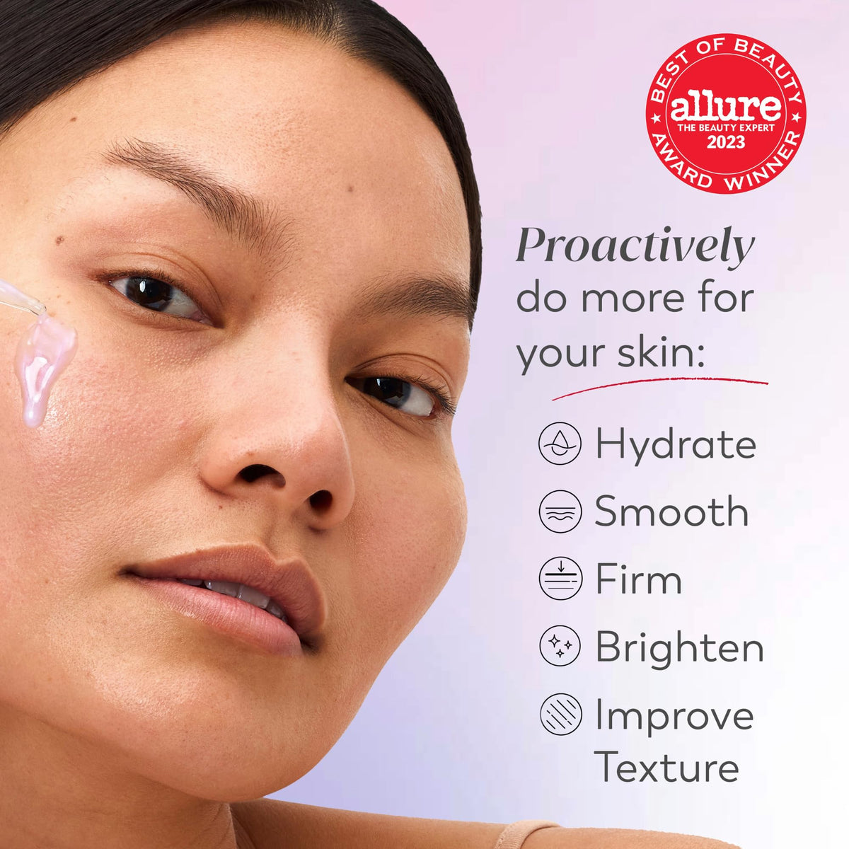 Olay close-up of serum dropper texture demonstrating lightweight, non-sticky absorption benefit