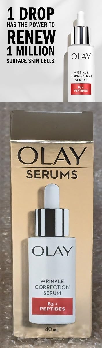 Olay front packaging of the serum showing sleek bottle and clear benefits