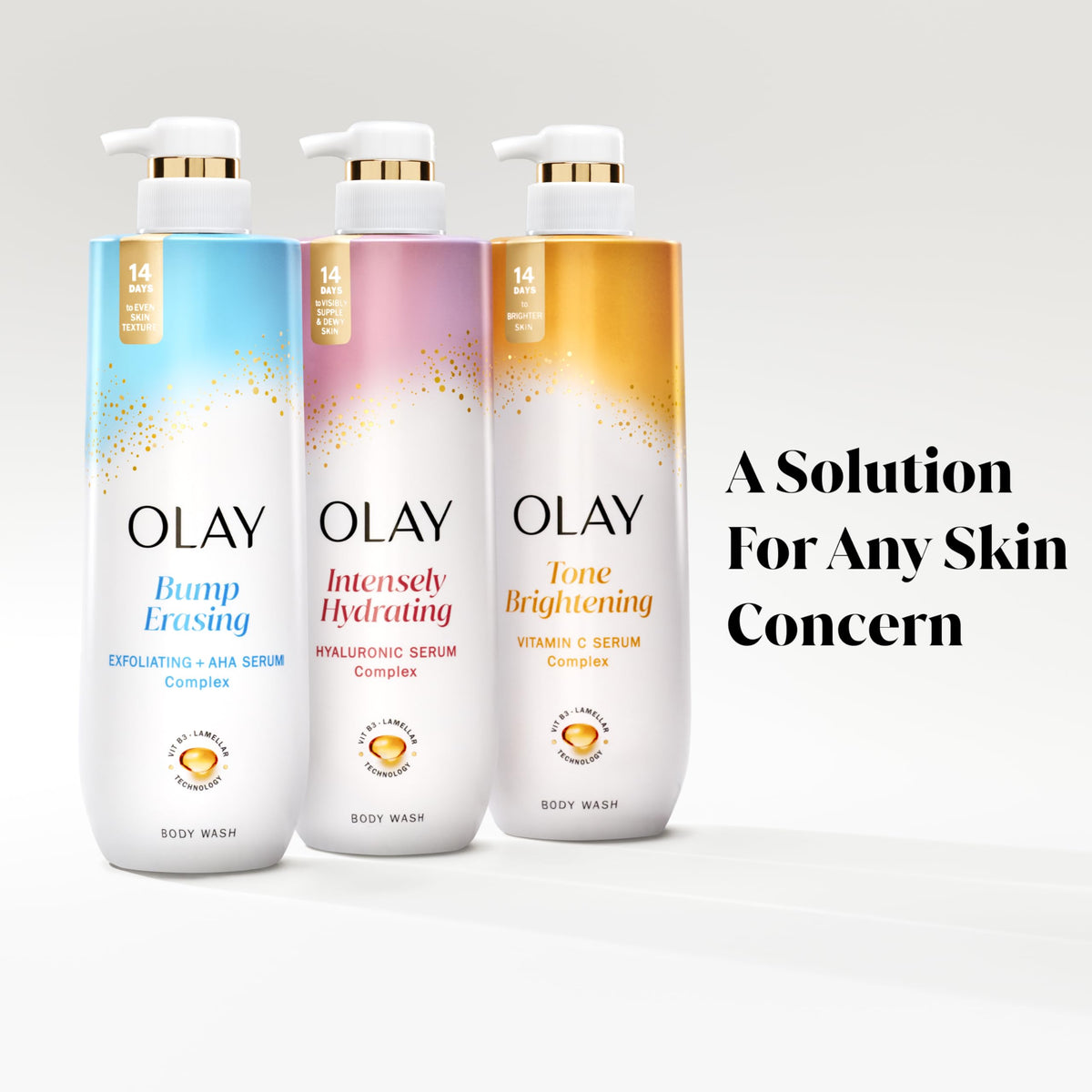 Hand holding Olay bottle for size comparison and easy grip benefit