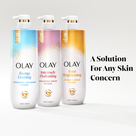 Hand holding Olay bottle for size comparison and easy grip benefit