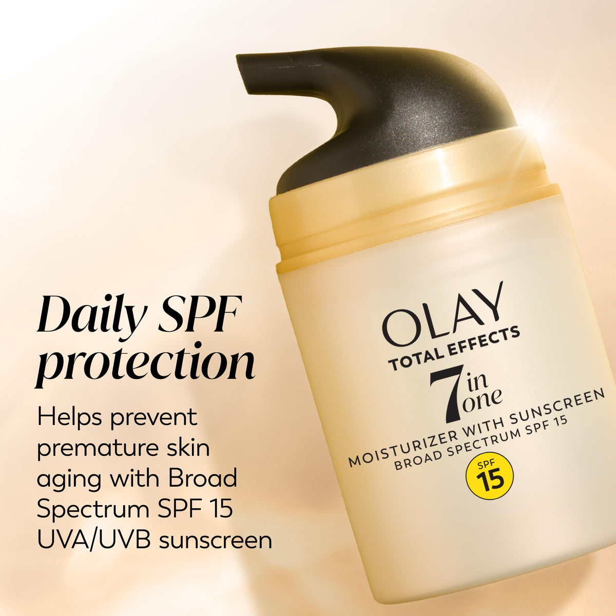 Olay SPF 15 label close-up highlighting broad-spectrum sun protection