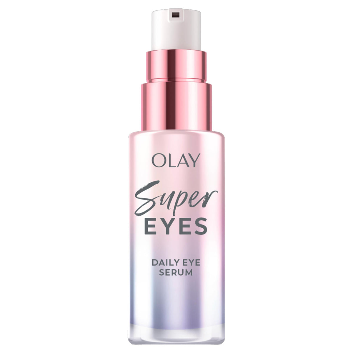 Olay Super Eye Serum front bottle showing sleek glass pump and branding for easy dispensing