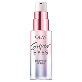 Olay Super Eye Serum front bottle showing sleek glass pump and branding for easy dispensing